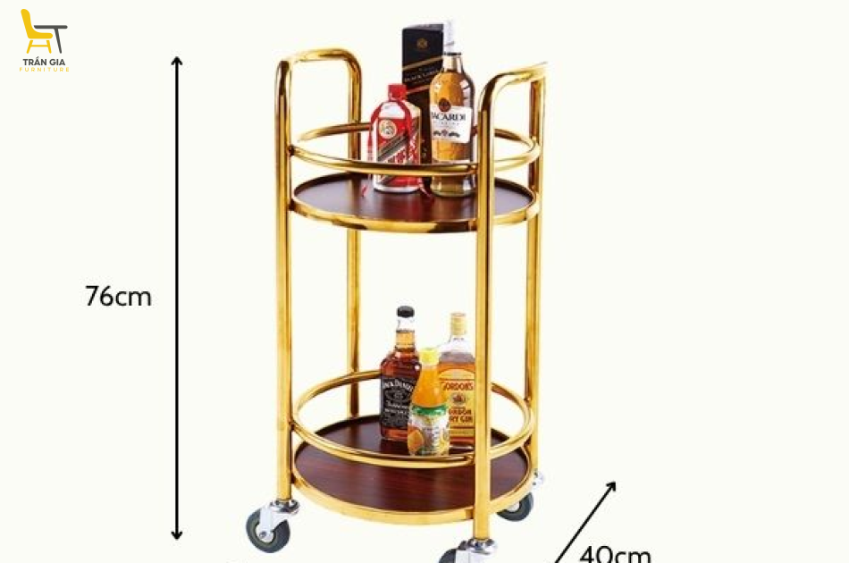 Xe đẩy phục vụ rượu inox mạ vàng tròn 2 tầng