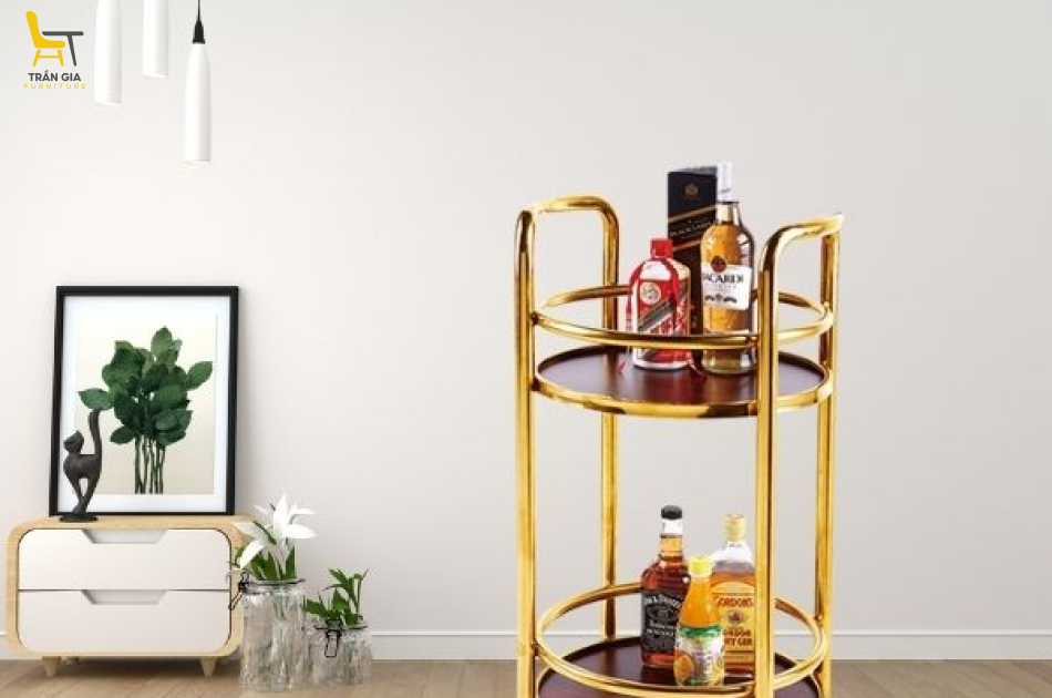 Xe đẩy phục vụ rượu inox mạ vàng tròn 2 tầng