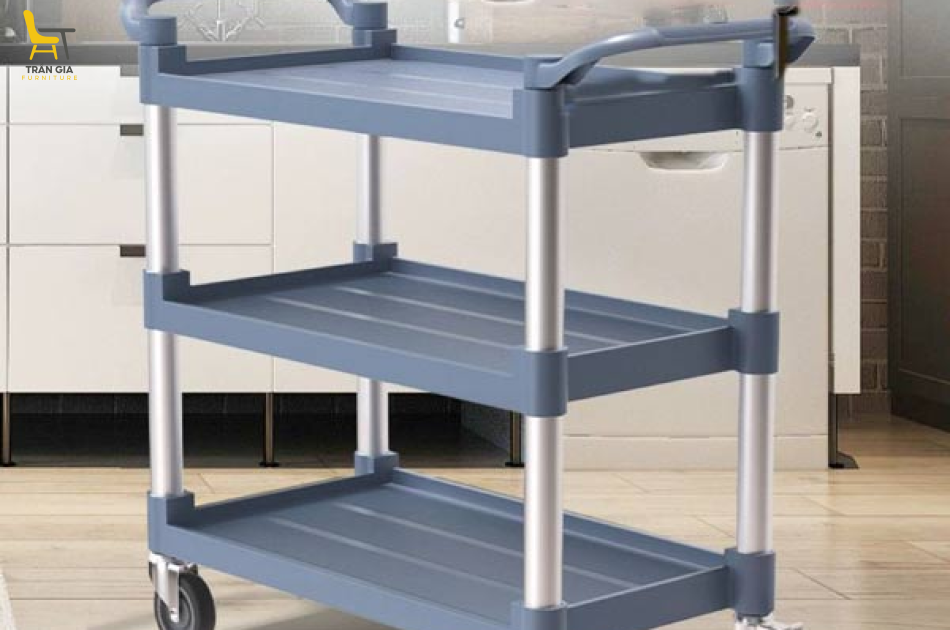 Xe đẩy 3 tầng nhựa màu ghi khung nhôm tròn