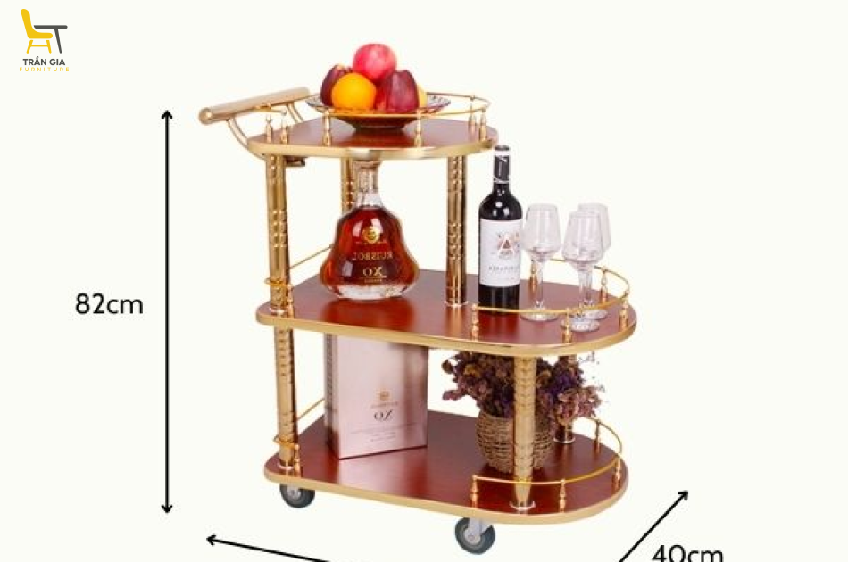 Xe phục vụ rượu inox mạ vàng 3 tầng cỡ lớn